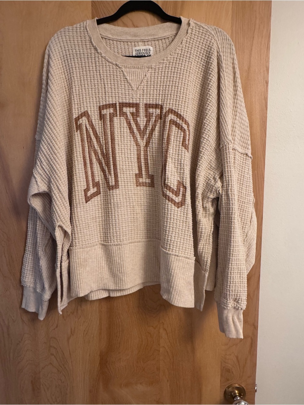 American Eagle Outfitters Cream Waffle-Knit NYC Crewneck Sweater
